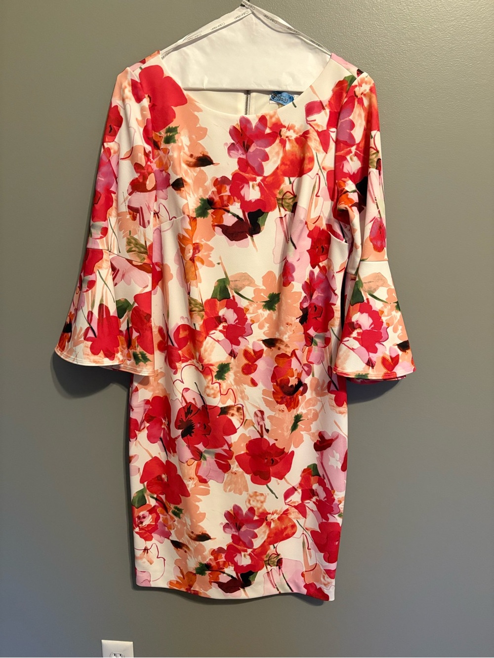 Calvin Klein Floral Shift Dress with Bell Sleeves - Pink & Red